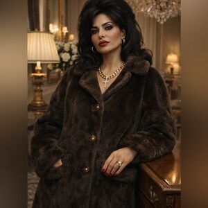 VTG Borgana Faux Fur Peacoat Coat Womens L M Brown Lux Mob Wife Old Money Glam
